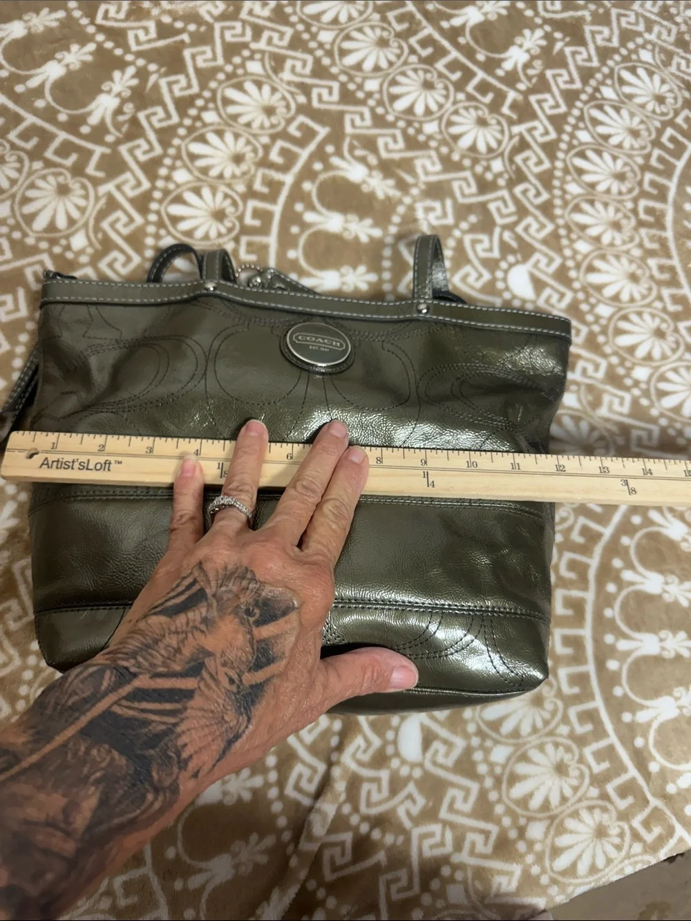 COACH Olive Leather Tote with Signature Charm